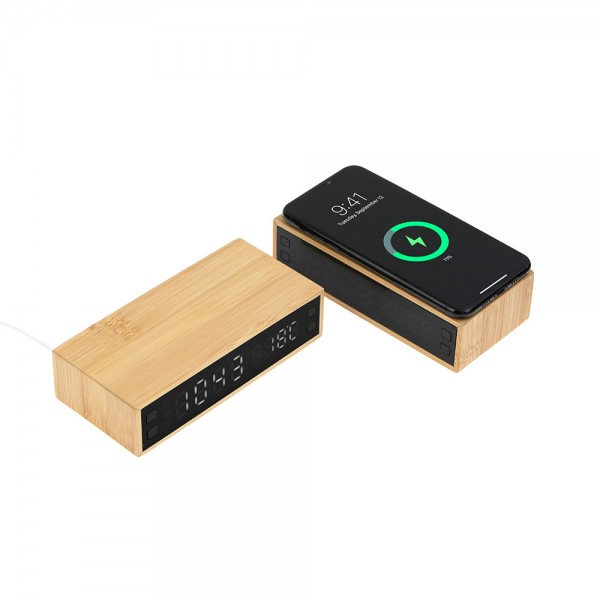 HM-29812 Wireless Mobil Şarj Cihazı ve Bambu Dijital Masa Saati
